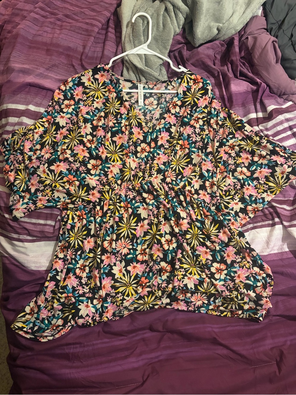 Dear Scarlett Black Floral V-Neck Top with Pink, Yellow & Teal Accents